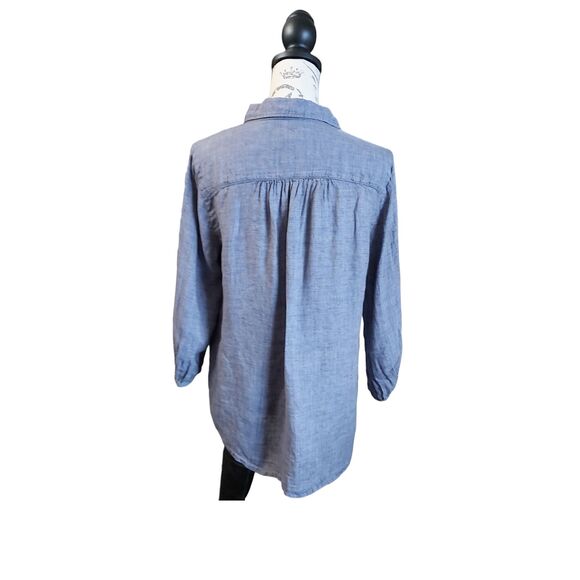 Sigrid Olsen Blue Linen Button Up Shirt 3/4 Shirred Sleeves Feminine Size Medium - Picture 2 of 6